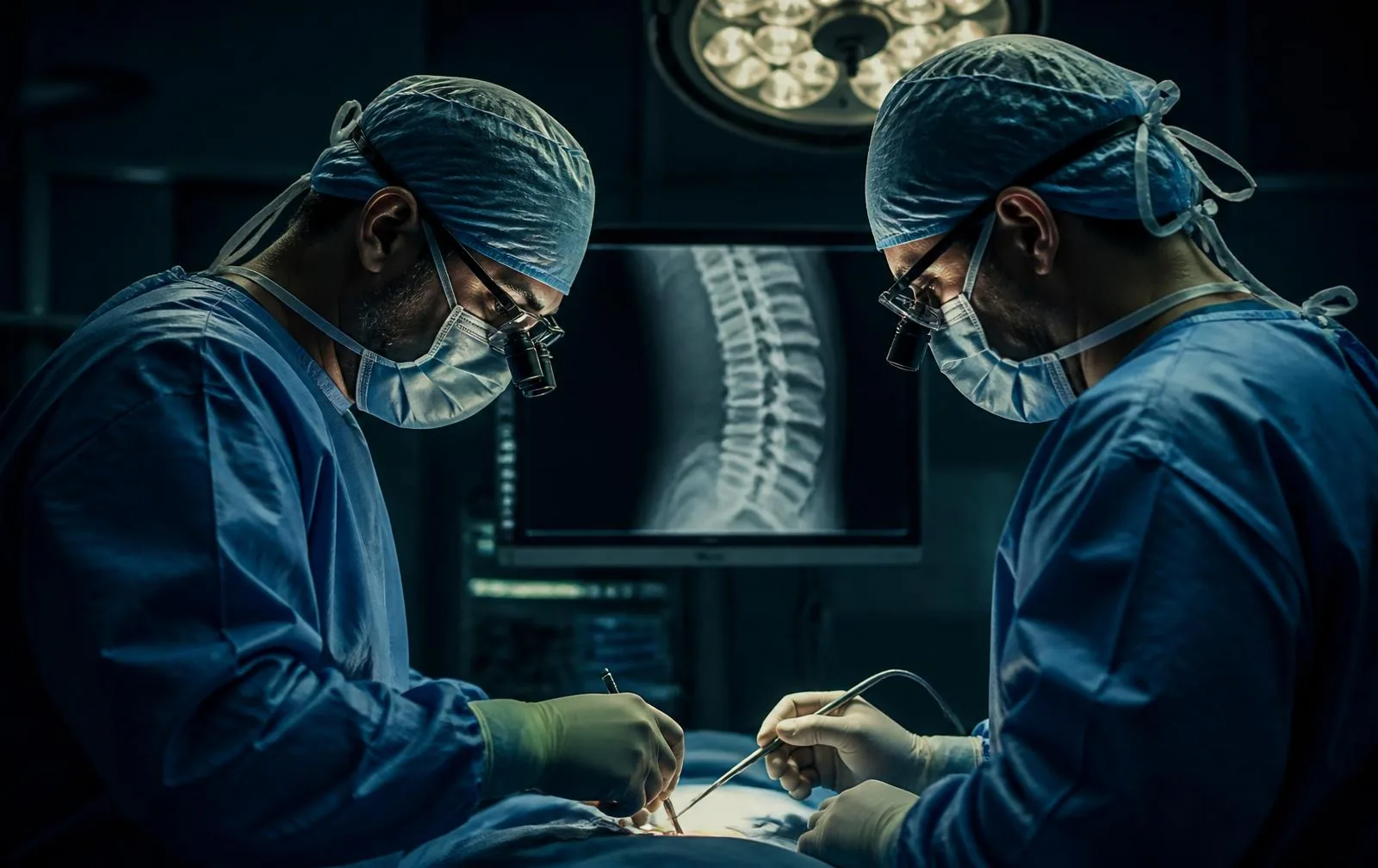 Surgical team in an operating theatre with spinal imaging displayed on a monitor