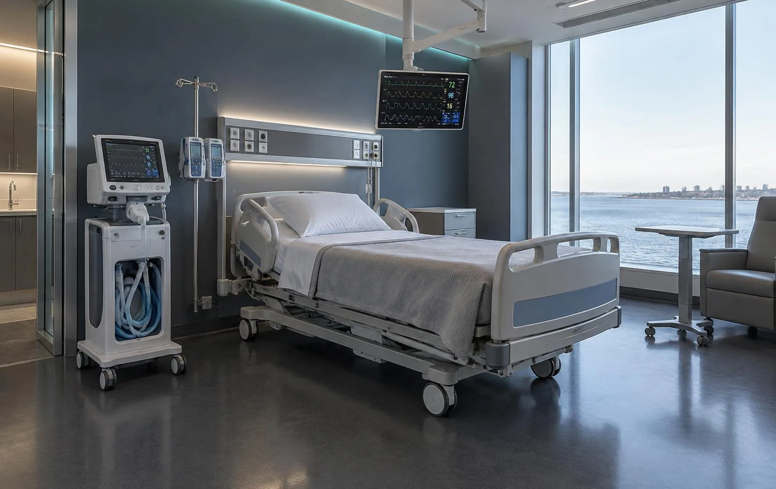 Ventilated adult ICU bedside with monitoring equipment